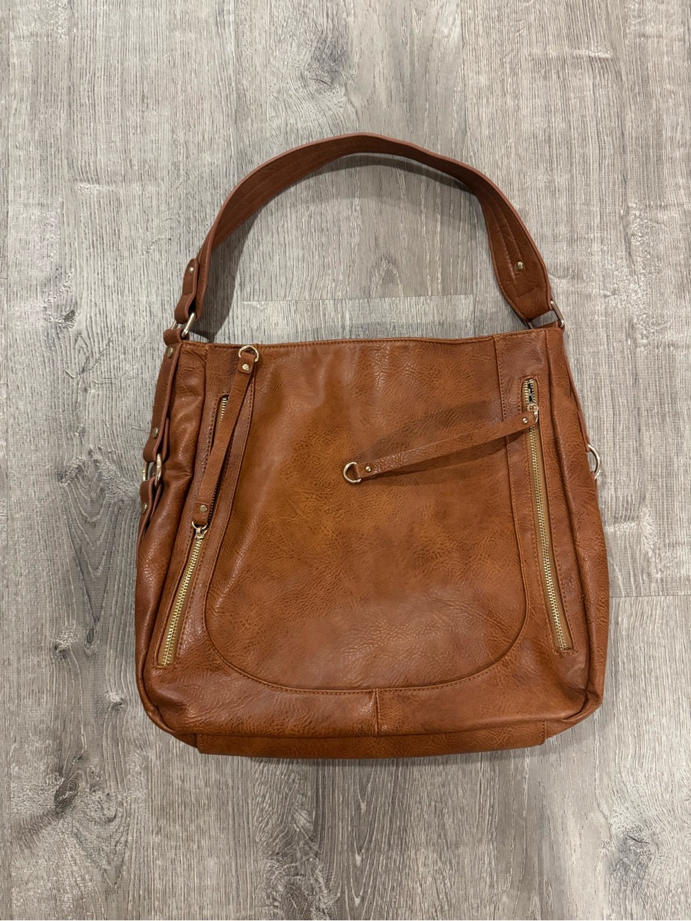 Brown Faux Leather Shoulder Bag with Front Zippers